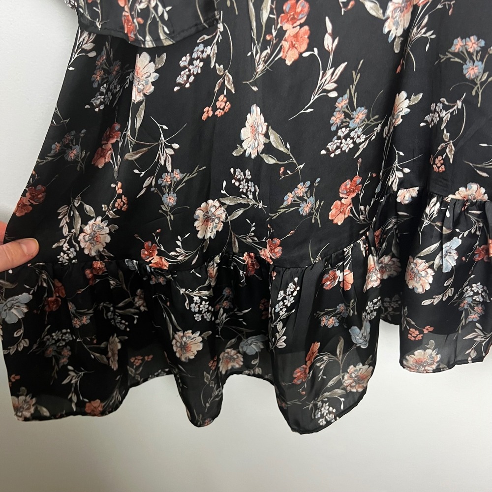 Arula Black Floral Mini Dress Square Neck Smocked Back Ruffle Long Sleeve XL (X) - Picture 5 of 6